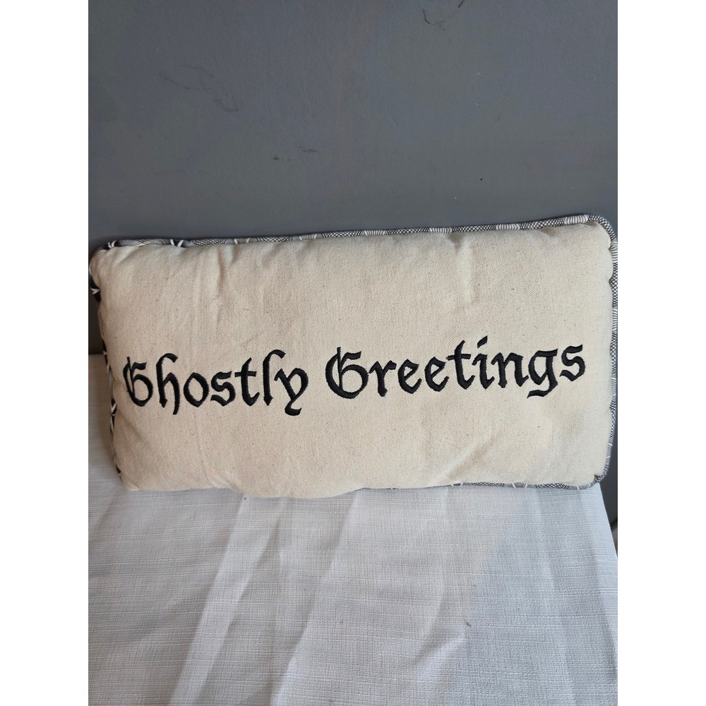 Ghostly Greetings Halloween Lumbar Pillow Black White Geometric Gothic Decor